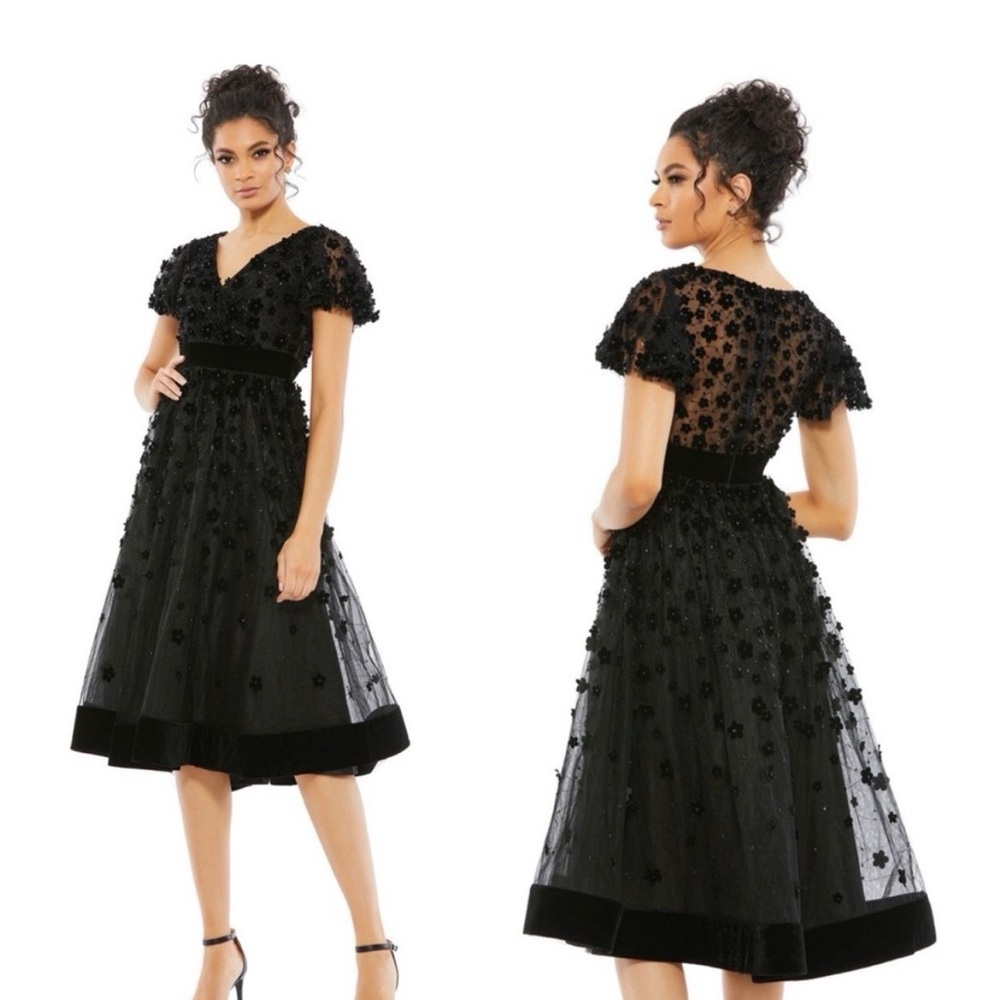 NWT Mac Duggal Elegant Black Floral Embellished Dress